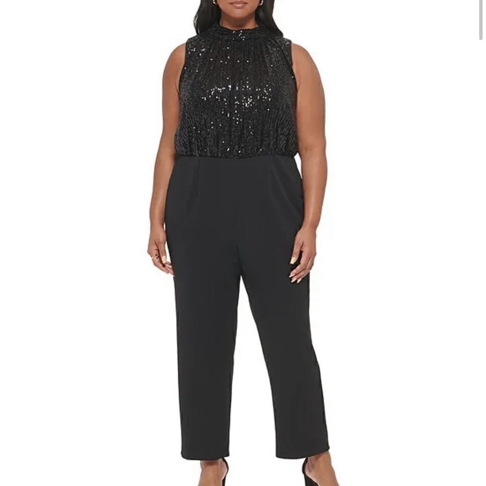 Eliza J plus size sequin halter mock neck sleeveless blouson crepe jumpsuit 22W